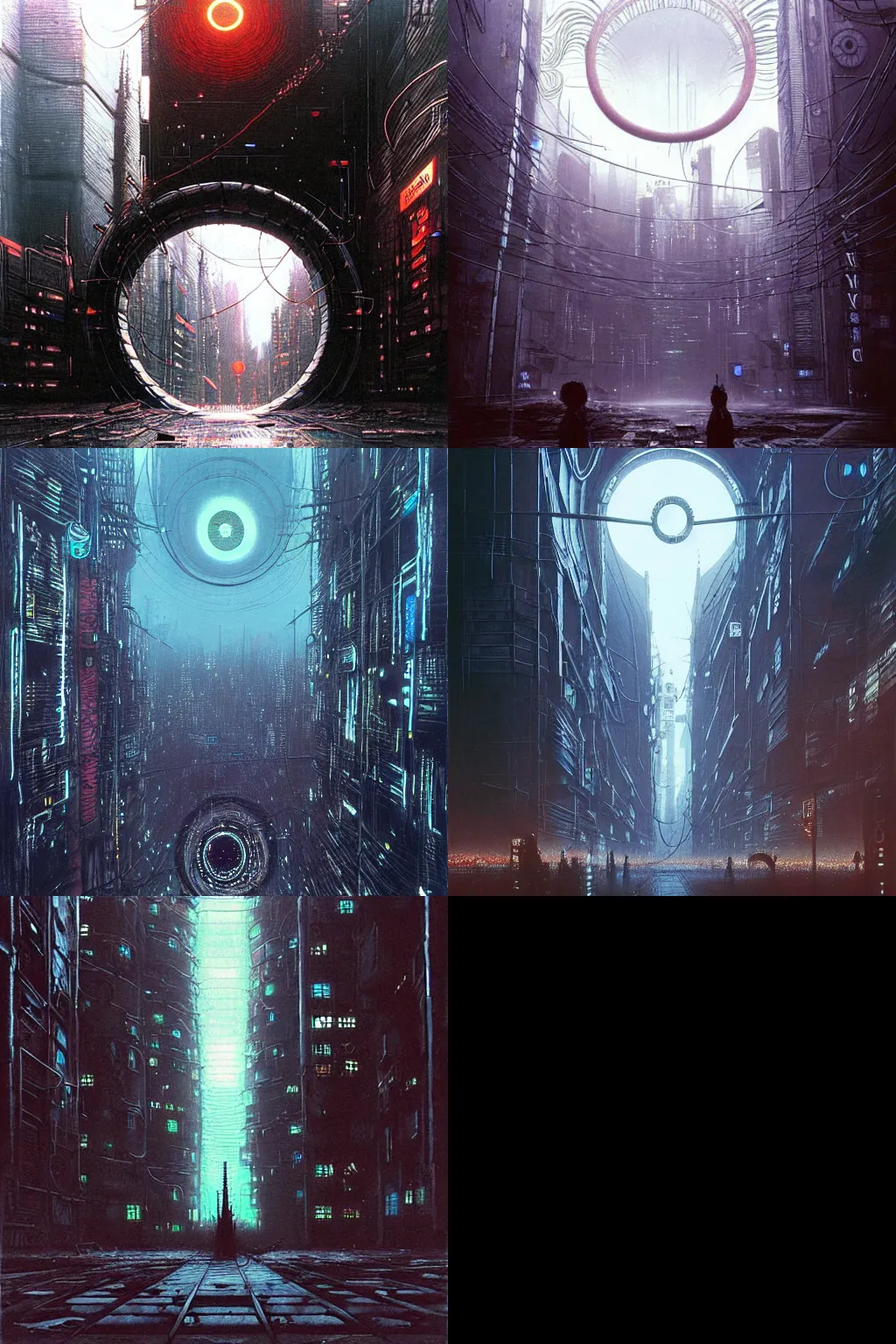 Prompt: perfect Circle Portal in the middle of a cyberpunk city. Tsutomu Nihei, Beksinski, Art station.