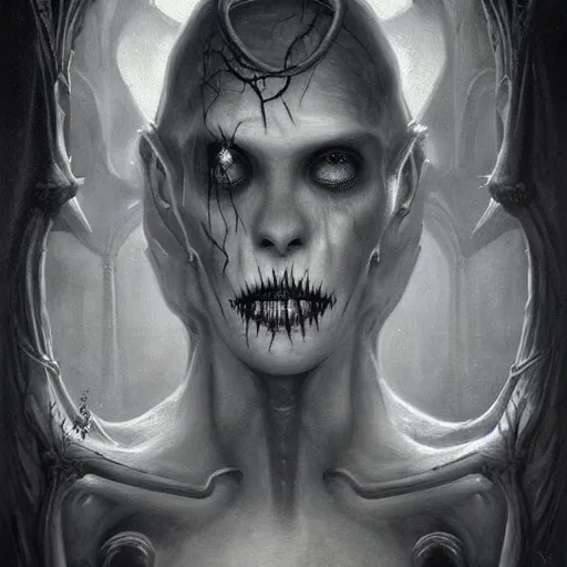 Prompt: By Tom Bagshaw, ultra realist soft painting of a gothic crypt by night, male vampire smile, horror, omnious sky, symmetry accurate features, very intricate details, black and white, volumetric light clouds