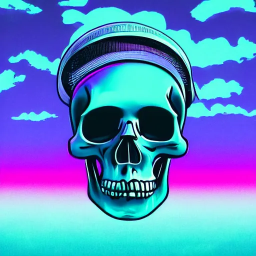 Prompt: white skull hovering over a pink ocean witha a purple sky, synthwave vaporwave