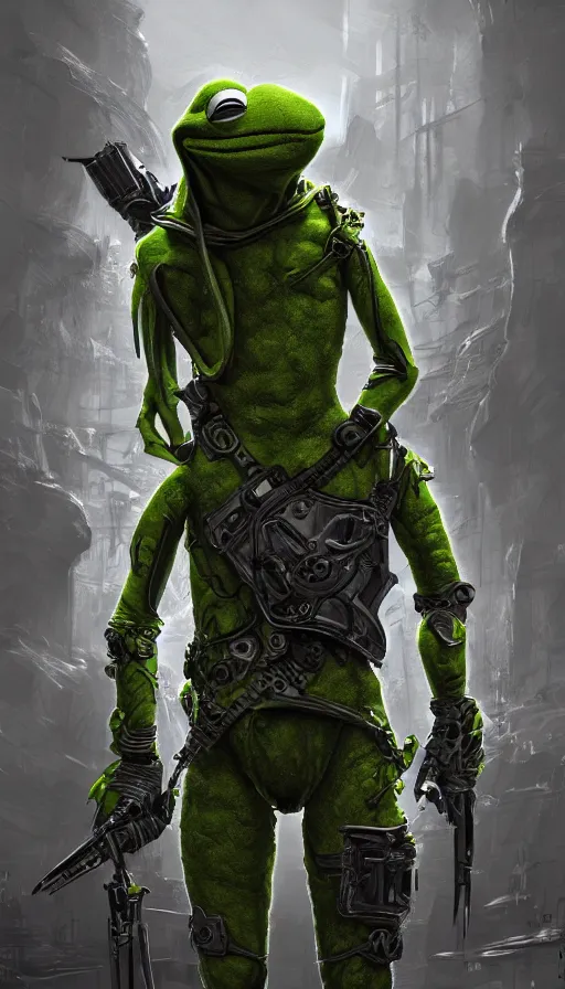 Prompt: Kermit cyborg warrior, insane, intricate, highly detailed, digital painting, artstation, concept art, smooth, sharp focus, illustration, Unreal Engine 5, 8K