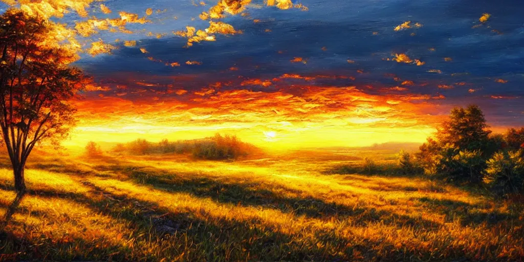 Image similar to golden hour nature landscape, oil painting, ultra realistic, highly detailed, hd, sharp focus, cinematic lighting, warm colors, realistic, photorealistic, vivid colors, painting, non blurry, sharp, smooth, illustration