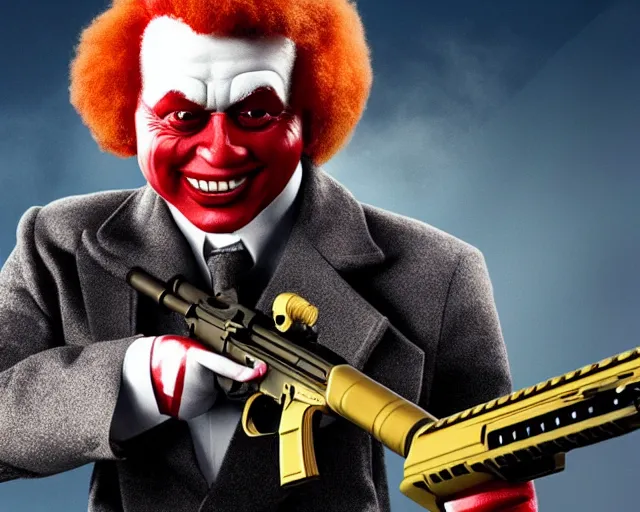 Image similar to ronald macdonald as scarface ronald macdonald holding ar - 1 5, promotional image, cinematic