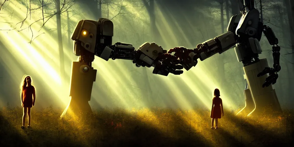 Image similar to sci - fi scene future new york city, last girl on earth, in manhattan holding onto the outstretched hand of a giant robot, forest punk, little girl meets robot, crepuscular rays, epic scene, hyper realistic, photo realistic, overgrowth, cinematic atmosphere, ethereal lighting,