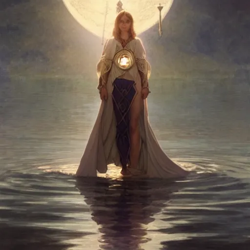 Image similar to excalibur rising from the middle of a lake under a giant full moon, rippling reflections, romantic, cinematic, intricate, elegant, highly detailed, artstation, concept art, smooth, sharp focus, art by alphonse mucha and Monia Merlo and Raymond Swanland and greg rutkowski