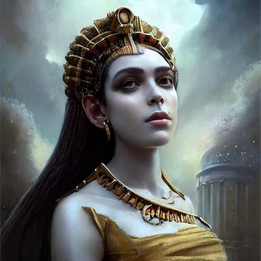 Image similar to like dust, magic gathers in overlooked places, photorealistic portrait of cleopatra in style of tom bagshaw and greg rutkowski. absolutely stunning!, sitting on the palace stairs, symmetrical perfect face, porcelain skin, ultra - detailed, digital art, 8 k