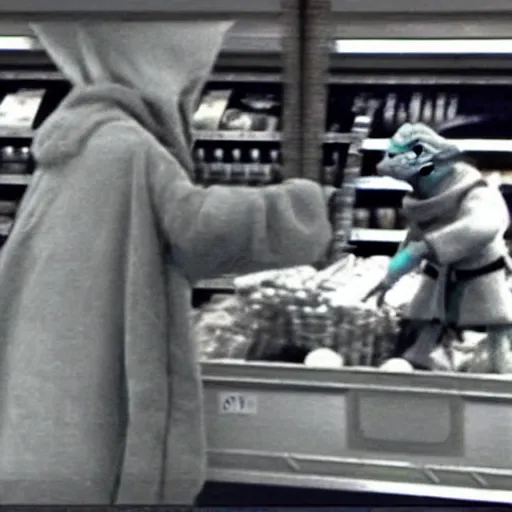 Prompt: CCTV footage of Yoda stealing from a supermarket