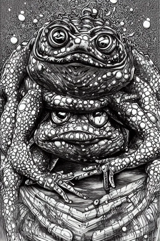 Image similar to humanoid toad warrior, tadpole themed, bog, symmetrical, highly detailed, digital art, sharp focus, trending on art station, kentaro miura manga art style