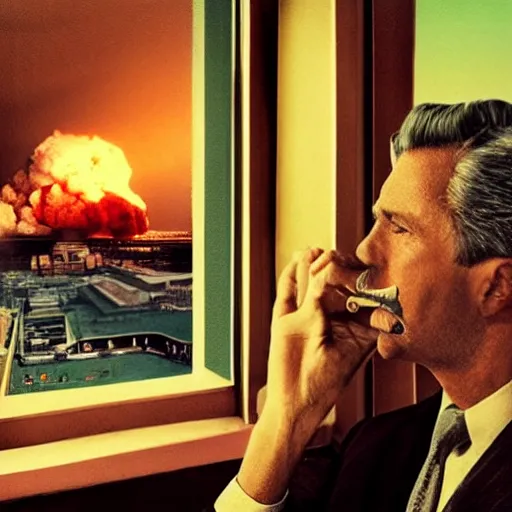 Prompt: Mr. House looks at the nuclear explosion from the window of the Lucky 38 Casino and smokes a cigar; ultra HD, realistic, retro, 45mm, elegant