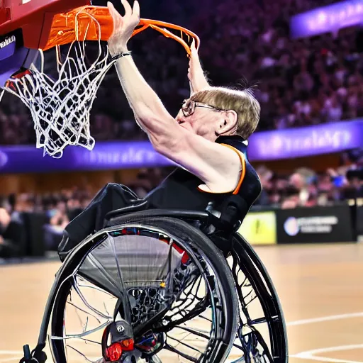 Image similar to photograph of stephen hawking flying through the air on flying wheelchair, dunking, side view, highlights of the 2 0 1 9 nba slam dunking contest