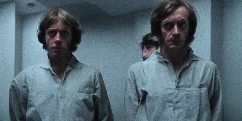 Image similar to screenshot portrait of Mark Hammil standing alone in the a sci fi minimal dirty Temple, 1970s thriller by Stanely Kubrick film, color kodak, Ektachrome, anamorphic lenses, detailed faces, hyper-realistic, photoreal, detailed portrait, moody cinematography, strange lighting