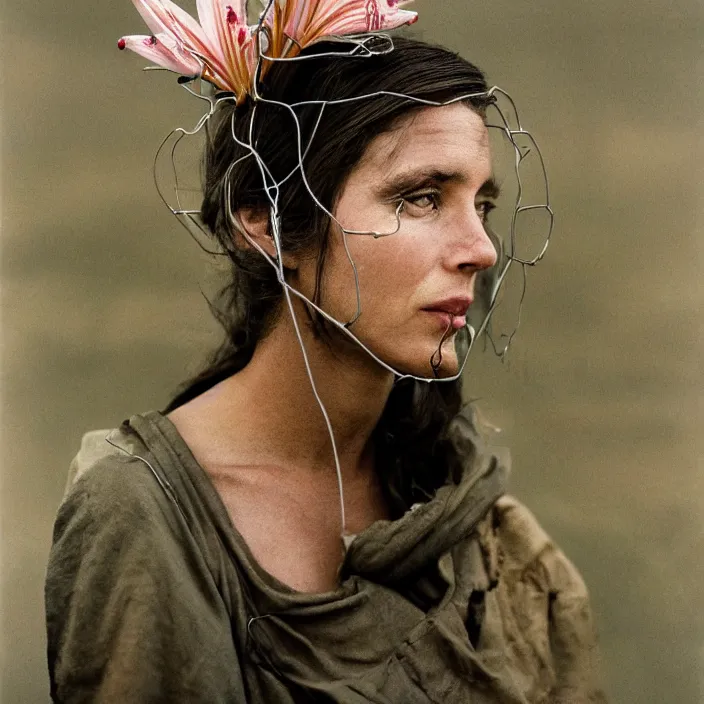 Prompt: closeup portrait of a woman with wire and lilies growing out of her face, standing in a desolate apocalyptic city, by Annie Leibovitz and Steve McCurry, natural light, detailed face, CANON Eos C300, ƒ1.8, 35mm, 8K, medium-format print