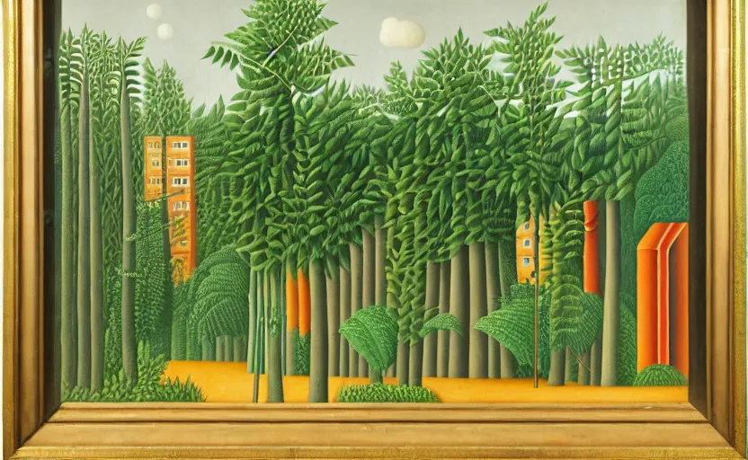 Prompt: geometric painting of industrial buildings surrounded by undergrowth by henri rousseau