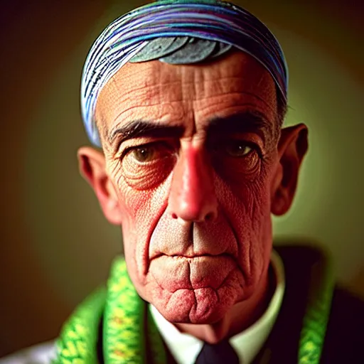 Image similar to portrait of president woodrow wilson as afghan man, green eyes and red scarf looking intently, photograph by steve mccurry