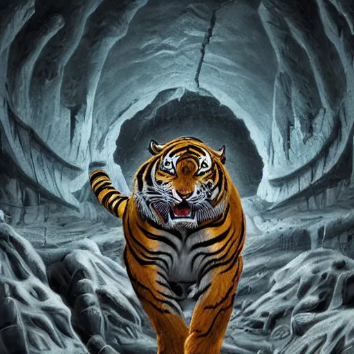 Prompt: a biomechanical tiger in a cave surrounded by hooded figures