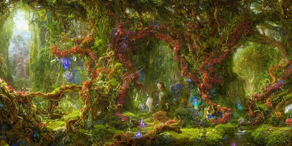 Prompt: a beautiful and highly detailed digital painting of a portal to fairyland, iridescent crystals, moss, multicoloured vines, tangled, the secret garden. intricate details, epic scale, hyperdetailed, hyperrealism,, artstation, cgsociety, 8 k, sharp focus, by caspar friedrich, albert bierstadt, james gurney, brian froud,