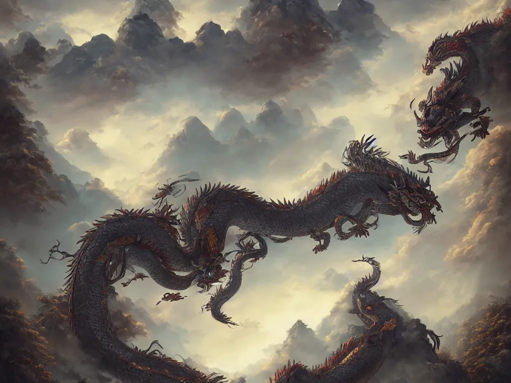 Image similar to a chinese dragon flies among the clouds over a mountain. below a shinto gate tops a stone stairway. by peter mohrbacher and dan mumford and nekro, cgsociety, volumetric light, 3 d render