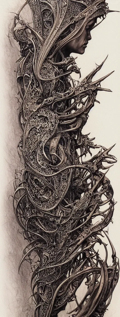 Prompt: highly detailed tattoo sleeve concept art drawing, side view, sf biomechanical designs, intricate and stylized infernal designs by zdizslaw beksinski, h. r giger, alphonse mucha