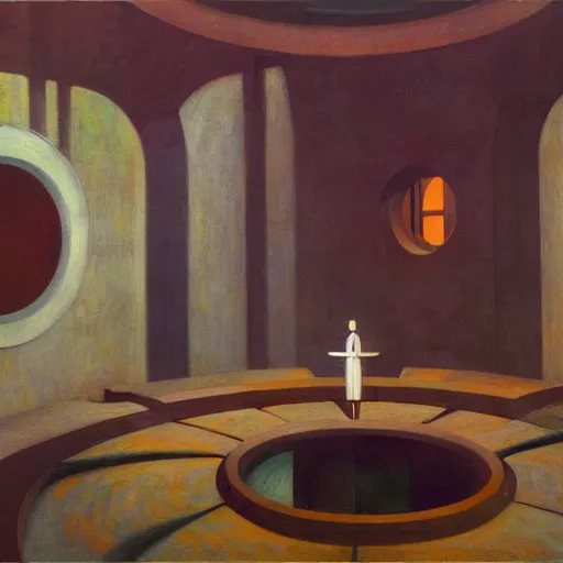 Image similar to three brutalist robotic seers watchers oracles soothsayers inside a dome, pj crook, grant wood, edward hopper, syd mead, oil on canvas