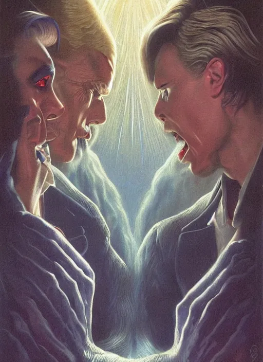 Prompt: twin peaks poster art, david bowie fighting his doppelganger gemini good and evil fantasy by, wayne barlowe, old retro pulp, by michael whelan, rossetti bouguereau, artgerm, nostalgic, old fashioned