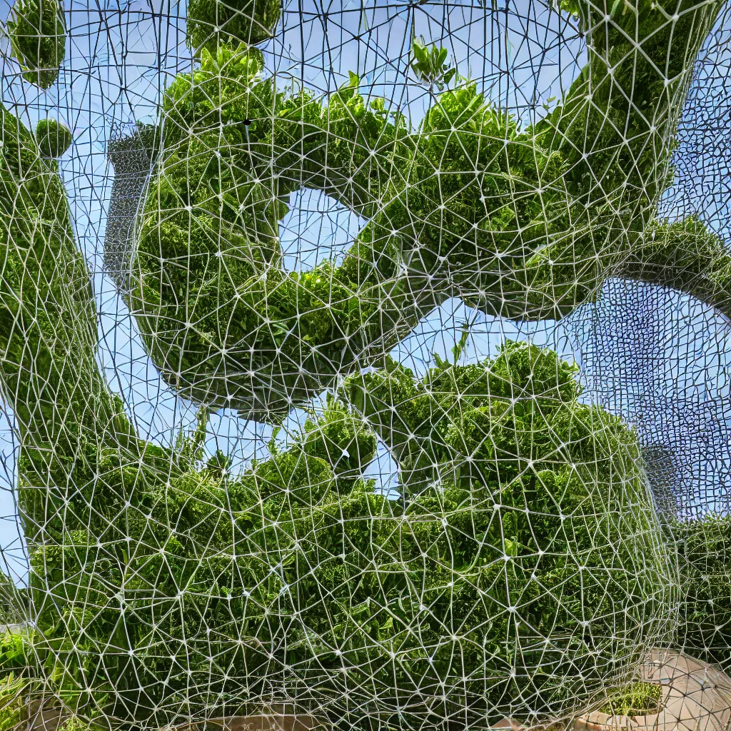 Image similar to torus shaped electrostatic water condensation collector tower, irrigation system in the background, vertical vegetable gardens under shadecloth and hexagonal frames, in the middle of the desert, XF IQ4, 150MP, 50mm, F1.4, ISO 200, 1/160s, natural light