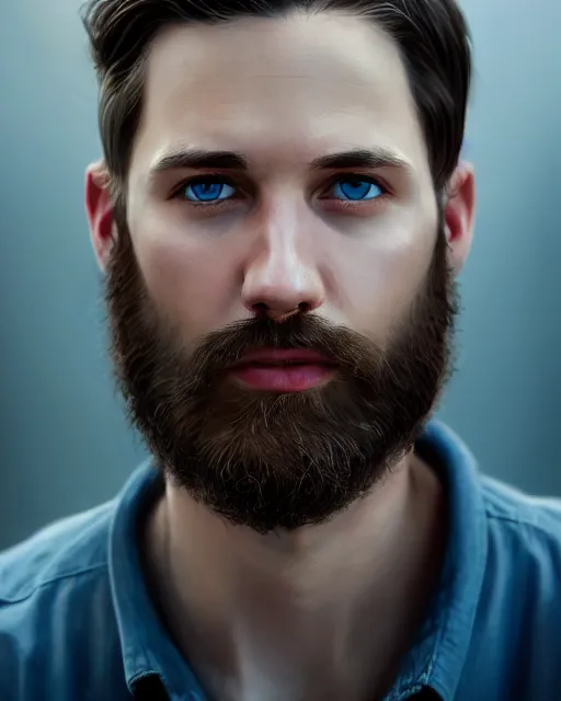 Prompt: portrait of a man in his mid - twenties with blue eyes, short dark blond hair, short beard, ultra realistic, epic, highly detailed, hd, sharp focus, cinematic lighting, realistic, dreamy, vivid colors, dreary, morose, matt painting, digital art, non blurry, sharp, artstation, concept art, smooth, illustration