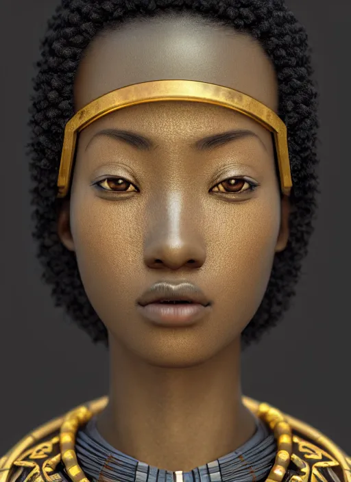 Prompt: attractive female portrait of african samurai, wearing gui, afro, rule of thirds, uplight, intricate, symmetrical!!, depth of field, cinematic, filmic, vsco, concept art, artstation, digital painting, elegant, model, gorgeous, adobe, vouge, magazine cover, epic, focus, octane render, vray render, arnold render,