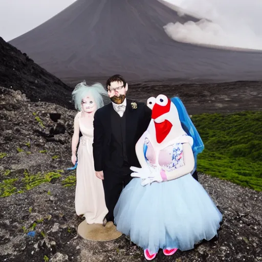 Prompt: bjork marrying kermit the frog, at a volcano, professional wedding photography, 8 k photo