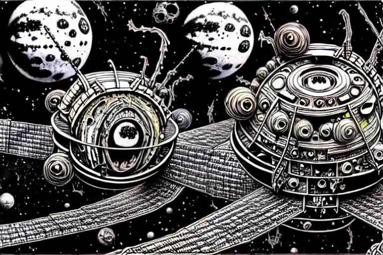 Prompt: ian miller, rotten space station, floating in psychedelic space nebula, highly detailed
