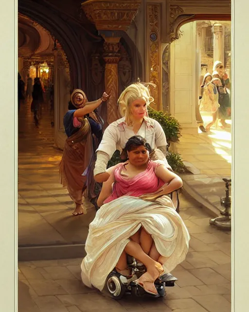 Image similar to Painting of a blonde lady pushing an obese indian lady in a wheelchair,real life skin, intricate, elegant, highly detailed, artstation, concept art, smooth, sharp focus, art by artgerm and greg rutkowski and alphonse mucha