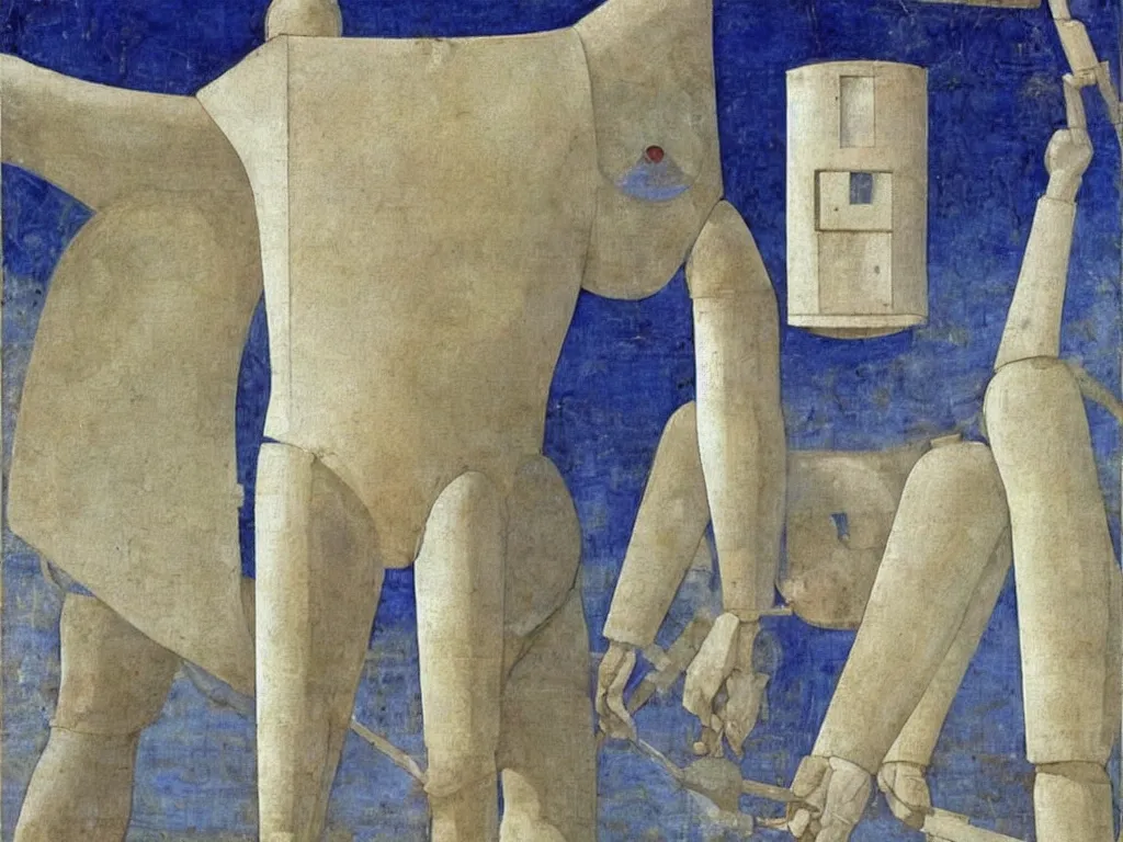 Image similar to giant white beekeeper suit mech piloted from the forehead by devil. lapis - lazuli. painting by piero della francesca, bosch, moebius