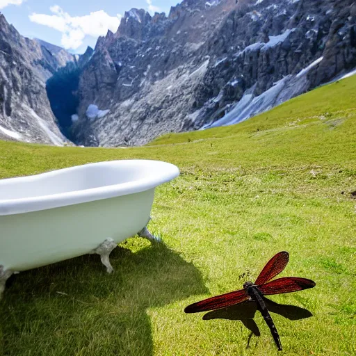 Image similar to dragonfly in a bathtub in the alps, big goat in the background