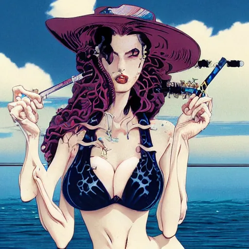 Prompt: closeup of attractive bikini vampire smoking a cigarette, by yoichi hatakenaka, masamune shirow, josan gonzales and dan mumford, ayami kojima, takato yamamoto, barclay shaw, karol bak