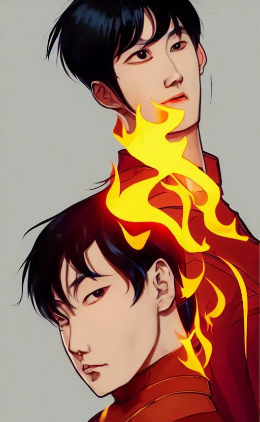 Image similar to MIN YOONGI is ZUKO, night time, dynamic lighting , looking at his FIRE SCAR reflection, +++ super super super dynamic posing, j.c. leyendecker, Valentina Remenar, thick eyebrows, super serious facial expression