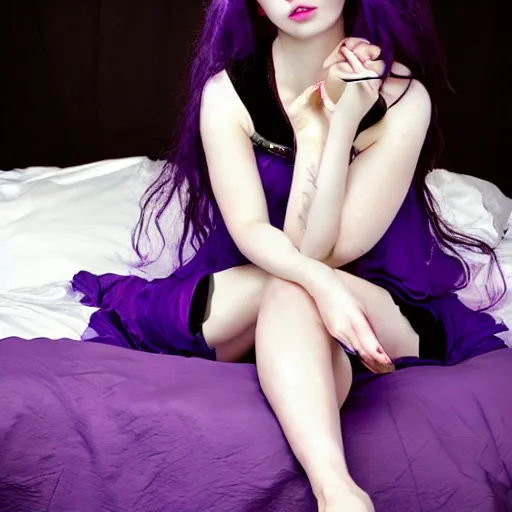 Image similar to Annie Leibovitz boudoir photo of a beautiful anime woman with long black hair, blue eyes, purple lipstick, wearing a black tank-top, a purple skirt and white socks with purple stripes