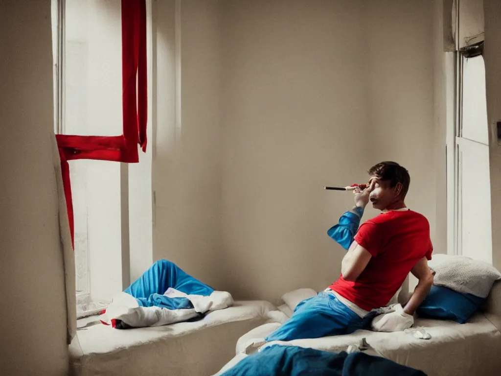 Prompt: single man sitting by the window, smoking a cigarette, blue shorts, red adidas shirt, bedroom, small fan, night, dimly lit, in the style of wes anderson, no double figure