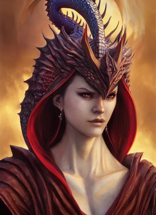 Image similar to epic dragon warlock female character design, highly detailed, glossy eyes, d & d, fantasy, highly detailed, digital painting, trending on artstation, concept art, sharp focus, holographic undertones, illustration, global illumination, ray tracing, realistic shaded, art by artgerm and greg rutkowski and fuji choko and viktoria gavrilenko and hoang lap