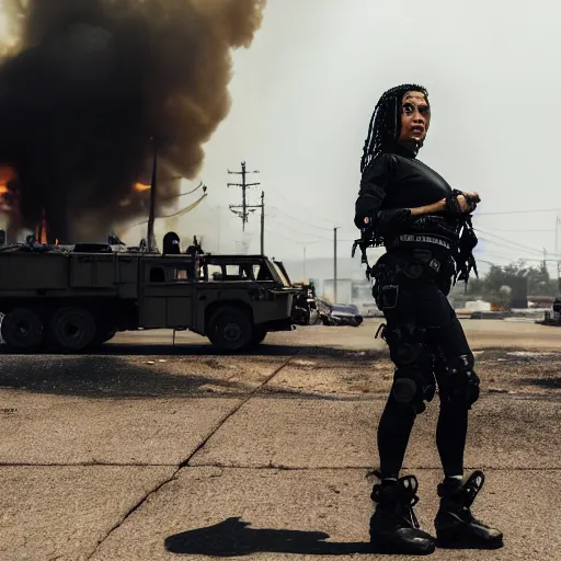 Image similar to Candid extreme wide shot of a poor techwear mixed woman with short hair and tattoos outside of a futuristic Los Angeles on fire, a police MRAP on fire, cyberpunk, 4k, extreme long shot, desaturated, full shot, action shot, motion blur, depth of field, sigma 85mm f/1.4, high resolution, 4k, 8k, hd, full color, award winning photography, war photography