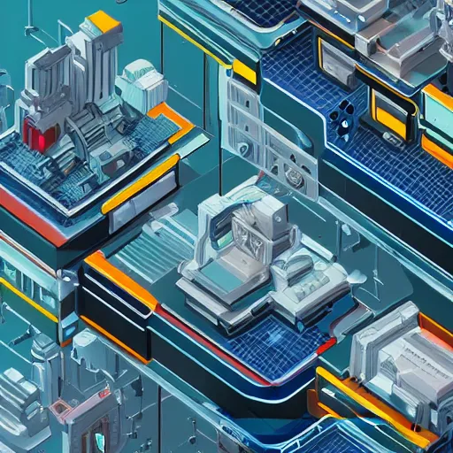 Prompt: isometric view of a mechanical glitch art city, scifi futuristic,