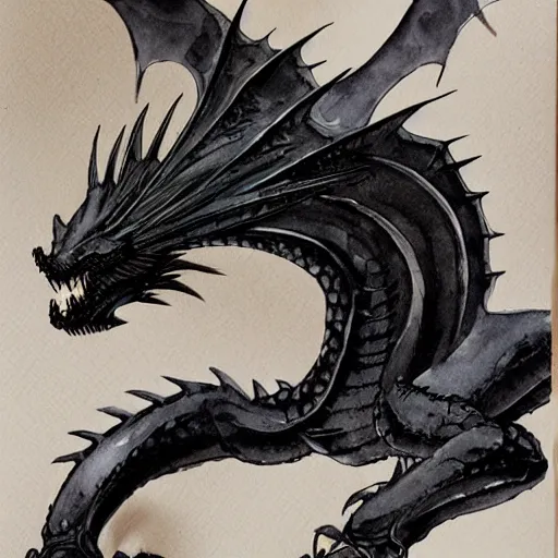 Prompt: watercolour fantasy of a black dragon