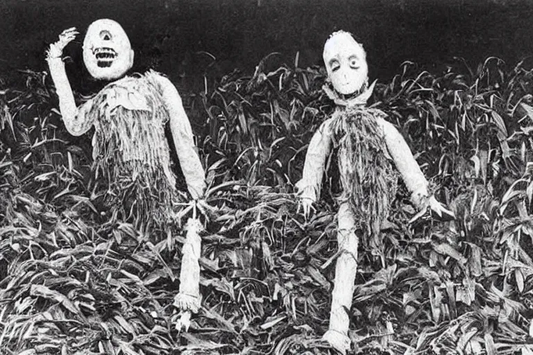 Image similar to disturbing screaming scarecrow from the early 1 9 0 0's burning down the cornfields