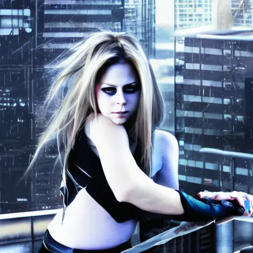 Prompt: Avril Lavigne with short white fringe. grey eyes. Sitting on a rooftop ledge overlooking a cyberpunk city skyline. Album art. In the style of Aeon Flux.