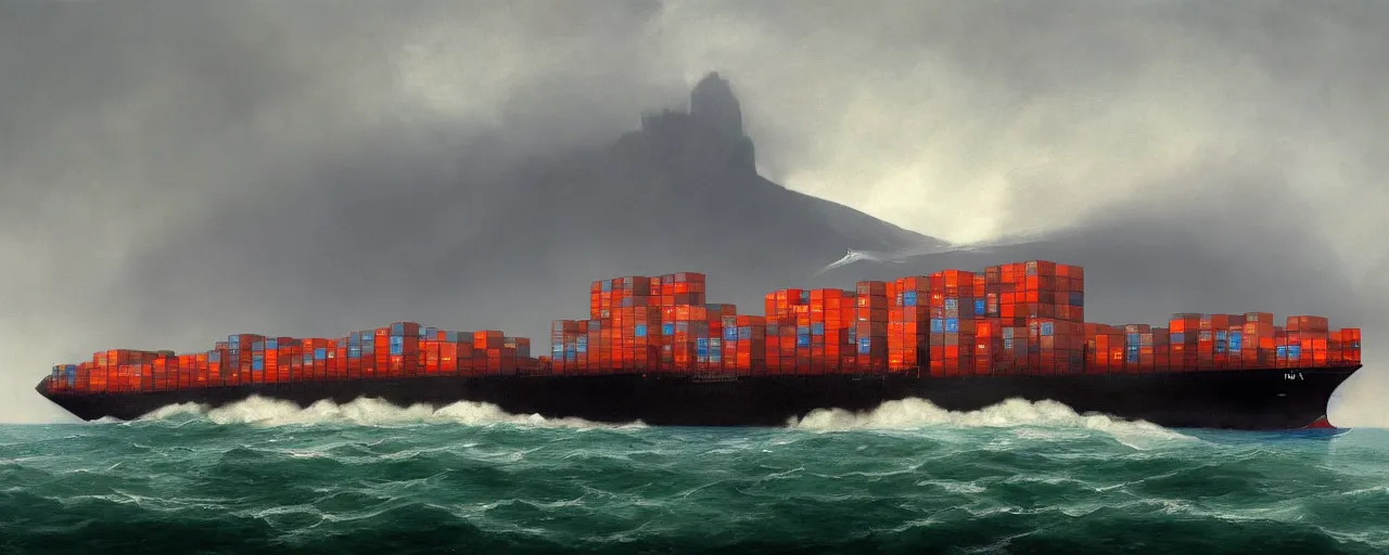 Image similar to paintifng of container ship containership colossus near misty black cliffs over steamy water by repin, matte painting, detailed, amazing, 4k resolution