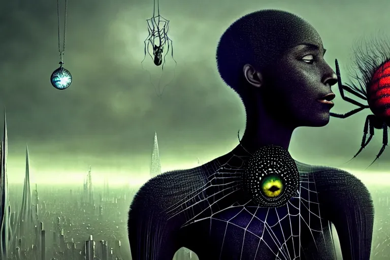 Image similar to realistic detailed photorealistic portrait movie shot of a beautiful black woman with a giant spider, dystopian city landscape background by denis villeneuve, amano, yves tanguy, alphonse mucha, ernst haeckel, david lynch, edward robert hughes, roger dean, cyber necklace, rich moody colours, cyber patterns, wide angle