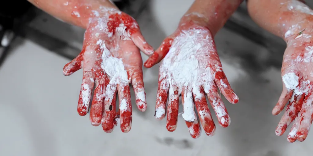 Prompt: beautiful hands, fingers intertwined, covered in white paint, dripping paint, shoulders, skin