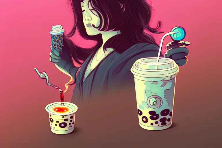 Image similar to drinking boba tea, 9 0 s art, adorable, phantom, dreary, dramatic, fluid, golden ratio, artstation, moebius + loish, hd,