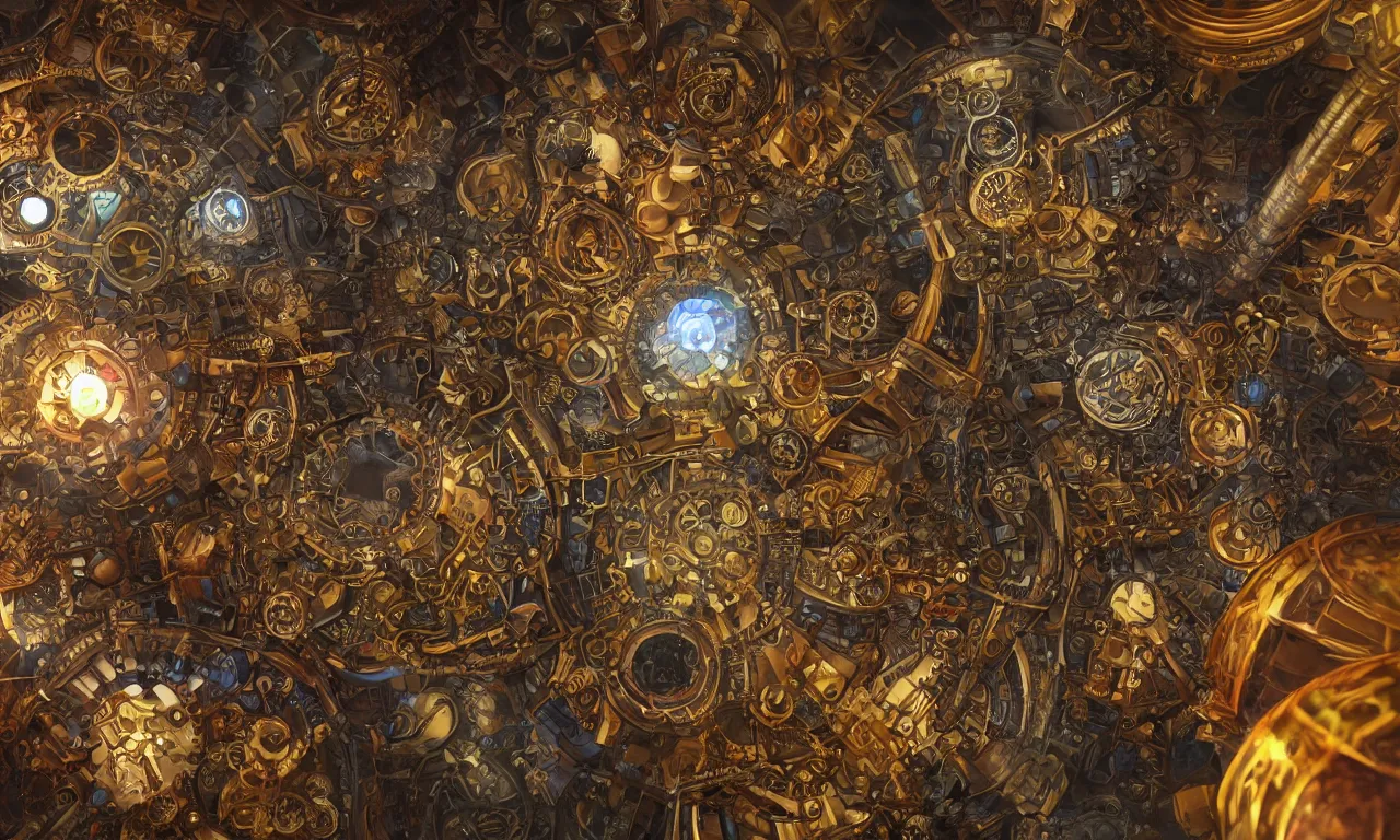 Image similar to steampunk engine laboratory 3 d volume kaleidoscope fractal voronoi metal chakra digital multicolor stylized concept substance natural color scheme, global illumination ray tracing hdr fanart arstation by sung choi and eric pfeiffer and gabriel garza and casper konefal