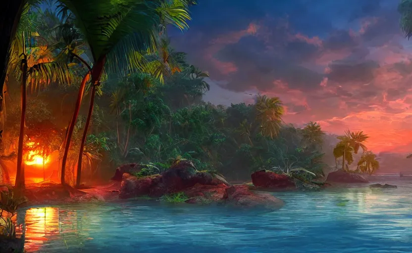 Image similar to a tropical resort in a jungle paradise, with a beautiful red and blue sunset, dynamic lighting, photorealistic fantasy concept art, trending on art station, stunning visuals, creative, cinematic, ultra detailed, ray tracing, sun rays