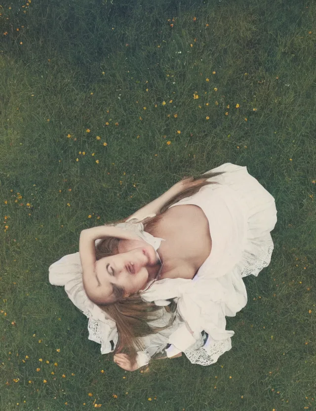 Image similar to lolita on a village, high angle view, portrait, Cinematic focus, Polaroid photo, vintage, neutral colors, soft lights, foggy, by Steve Hanks, by Serov Valentin, by lisa yuskavage, by Andrei Tarkovsky 8k render, detailed, oil on canvas