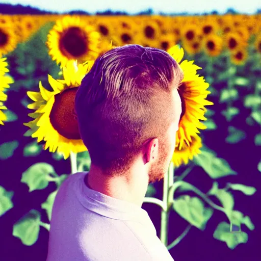 Image similar to kodak portra 4 0 0 photograph of a skinny blonde guy standing in field of sunflowers, back view, flower crown, moody lighting, telephoto, 9 0 s vibe, blurry background, vaporwave colors, faded!,