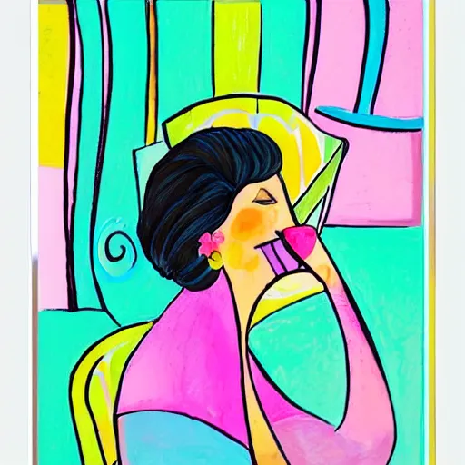 Image similar to beautiful lady, drinking tea, fruit basket, painting, abstract, clean shapes, pastel colors, ink lines